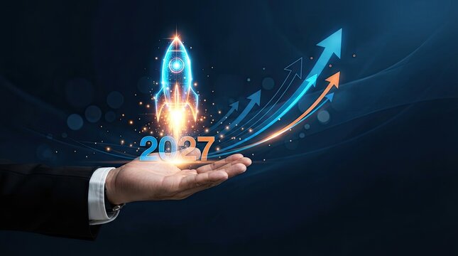 2027 corporate new beginning background with rocket launch