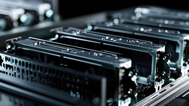 Close up of multiple graphics processing units installed in a server rack with metallic finish and cooling fins