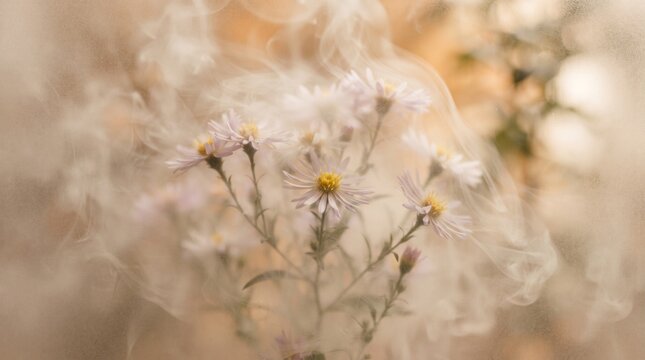 Soft focus wild aster flowers in natural outdoor setting with bokeh