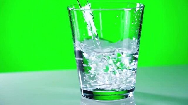 Clear water pouring into a transparent glass with splashing ripples against a chroma key green screen background