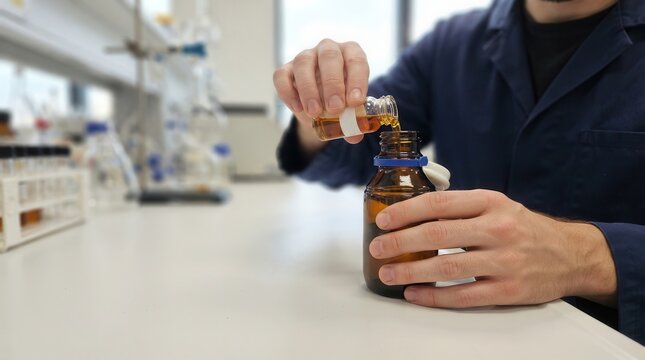 Chemist Pouring Liquid Reagent into Amber Glass Bottle Laboratory