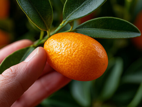 Fresh ripe kumquat fruit growing on branch with green leaves and hand holding citrus fruit