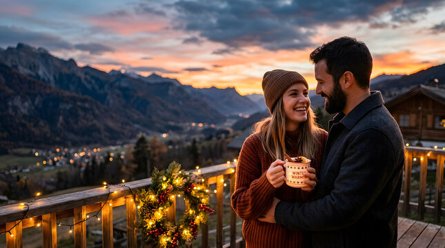 A happy couple enjoying a romantic sunset view from a cozy mountain chalet balcony during the winter holiday season.