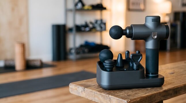 compact percussion recovery device storage station with interchangeable attachments for organized fitness equipment care, wellness routines and home gym storage