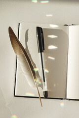 Creative moments on a sunny day with a pen and feather resting on a © Nazar 
