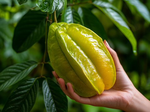 Fresh ripe star fruit growing on tropical tree with hand holding yellow carambola fruit