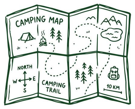 Hand drawn camping map with trail and icons