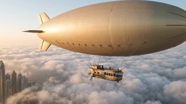 Steampunk airship flying over a city skyline above the clouds