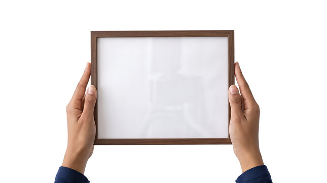 Picture frame with brown wooden border held by two hands as a PNG isolated on transparent background