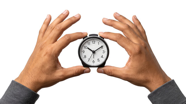 Alarm clock with black frame and white dial pinched between fingertips of two hands as a PNG isolated on transparent background