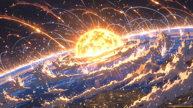 Vibrant cosmic scene, radiant sun rising over swirling galaxies, depicting the beauty of the universe, ideal for space themes.