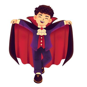 Cute boy wearing vampire dracula costume with red cape halloween illustration