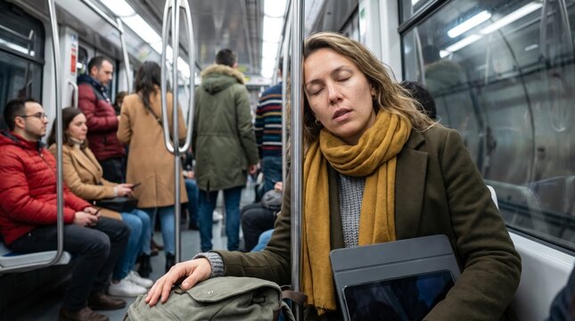 Exhausted woman in mustard scarf dozing against pole on crowded subway train with tablet