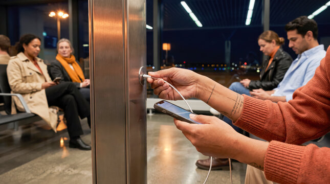 Resourceful traveler charging smartphone at airport wall outlet while waiting at night