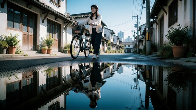 晴れた日の古い町並みでヘルメットを被り自転車を押して歩く笑顔の女性と路面の水たまりへのリフレクション