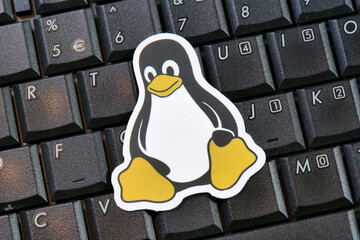 Linux Tux penguin mascot sticker placed on a black computer keyboard, close up macro view of keys with white letters and numbers, open source software and developer desktop computing concept, no © Tomasz