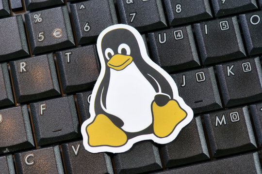 Linux Tux penguin mascot sticker placed on a black computer keyboard, close up macro view of keys with white letters and numbers, open source software and developer desktop computing concept, no