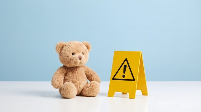 Teddy Bear Sitting Beside a Yellow Caution Sign on a Clean Surface