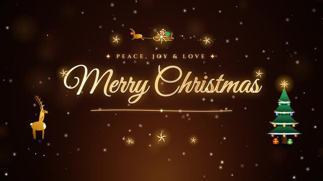 Warm festive 3D looping animation of Merry Christmas in amber-gold calligraphy framed by a decorated Christmas tree, noble reindeer, and Santa Claus flying in his sleigh across a cozy hearth glow with