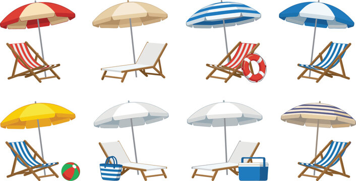 Summer beach umbrella and lounge chair vector set with lifesaver bag cooler box and colorful striped parasols