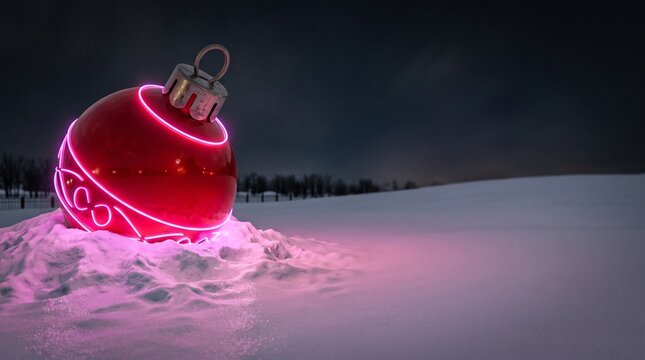 A glowing red Christmas ornament bauble resting in fresh white snow at night.