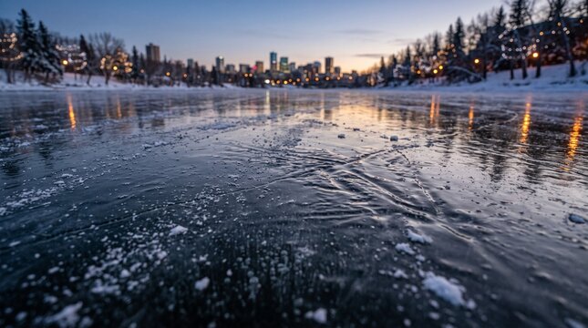 Scenic view of a frozen river with a city skyline in the background during a cold winter sunset.