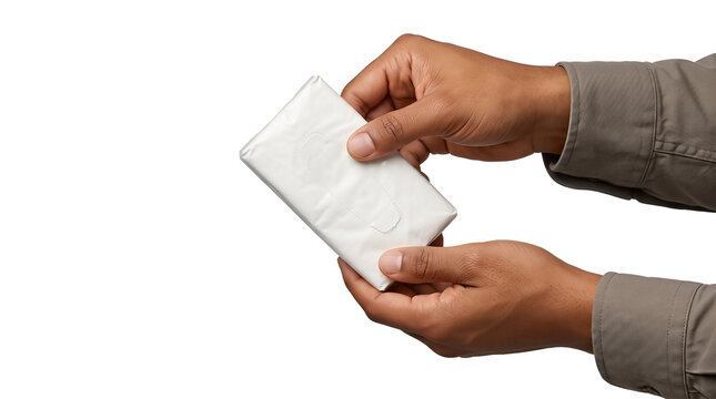 Pack in soft matte white paper wrap with a stitched flap tilted by male hands in taupe sleeves as an isolated PNG on a transparent background