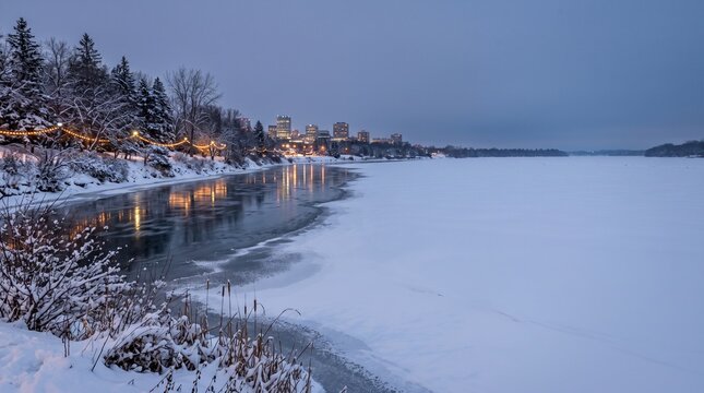 Scenic winter view of a frozen river with city skyline in the background at dusk.