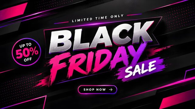 Black friday sale banner with neon pink and purple glowing text on a dark abstract background for shopping and marketing events