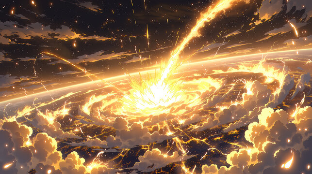Vivid cosmic explosion, vibrant colors illuminating a swirling galaxy, showcasing the beauty of the universe's energy, ideal for space themes.