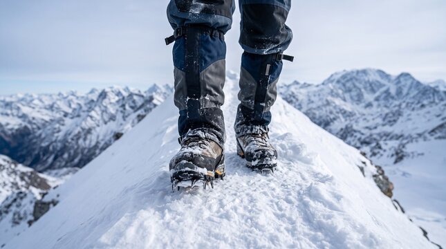 Close up of mountaineer boots with crampons walking on a snowy mountain ridge.