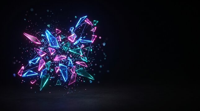 Abstract background with glowing neon shards floating in dark space.