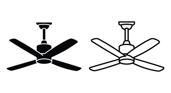 Ceiling fan illustration with solid and outline versions on a white background