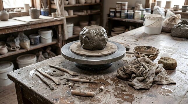 Raw wet clay lump resting on spinning potter wheel inside traditional craft studio workspace filled with tools