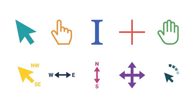 Collection of colorful computer cursors and hand icons representing digital interaction and user interface elements