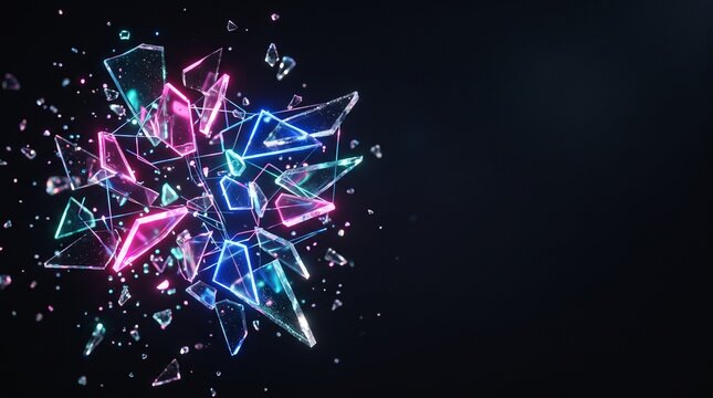 Abstract background with glowing neon shards and floating glass fragments in dark space.