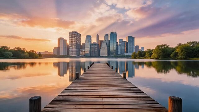 Wooden dock extends to city skyline at sunset