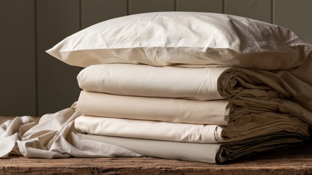 Four sets of organic cotton bedding are arranged in a stack on a wooden surface, showcasing undyed and botanical dyed colors.