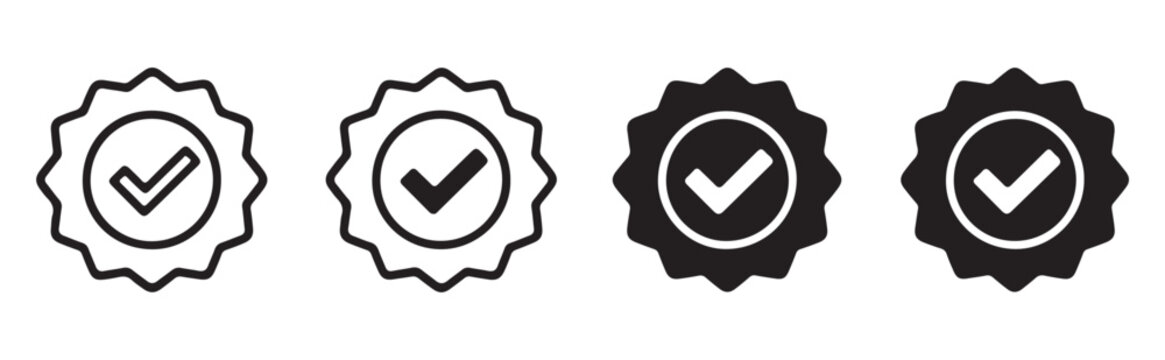 Minimal black checkmark inside guarantee star badge vector icons for product warranty and certification.