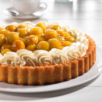 Mirabelle tart with whipped cream and glazed Mirabelle plums