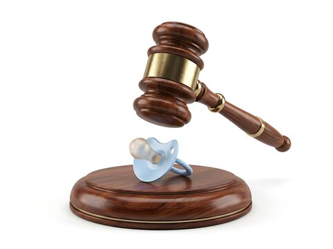 A wooden judge gavel hovering over a baby pacifier isolated on white background