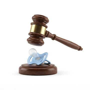 Wooden judge gavel striking a baby pacifier isolated on white background