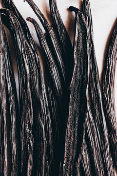 Vanilla beans aromatic dried spice pods full frame