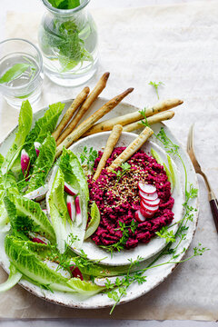 Beetroot hummus with lettuce and breadsticks appetizer