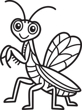 A detailed line drawing depicts a praying mantis with large eyes and folded forelegs arthropod bug creature entomology insect mantid nature outline pest predator