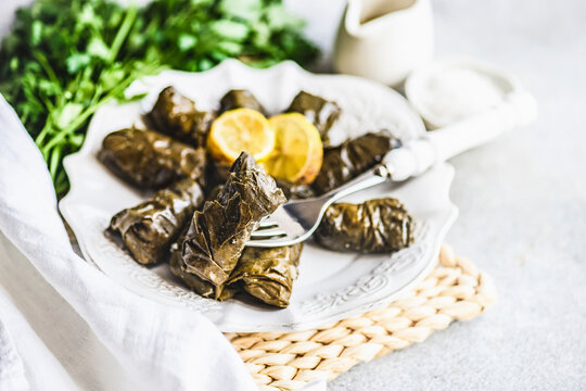 Georgian grape-leaf tolma with lemon