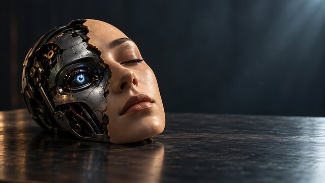One robot face half covered by a human mask resting on a table symbolizing deepfakes
