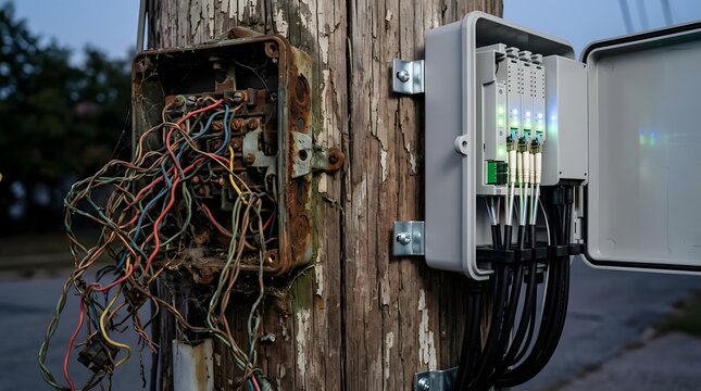 Old rusted electrical junction box with tangled messy wires mounted beside modern fiber optic networking equipment outdoors