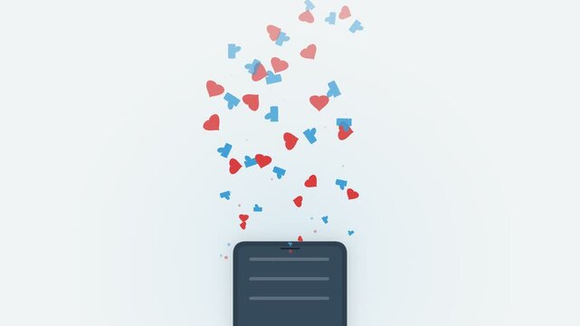 Social media engagement animation with likes and hearts from phone