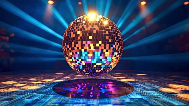 Glittering disco ball spinning and reflecting vibrant blue and orange lights in a nightclub. The shiny mirror ball creates a festive atmosphere over a reflective floor in a dark venue